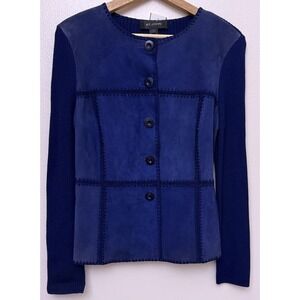 St John Blue Suede Front w/Ribbed Knit‎ Back & Sleeves Patchwork Jacket 4
